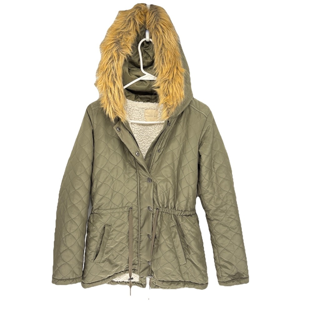 Copper Key Green‎ Quilted Coat Fur Trim Hood Sherpa Lined Dillards Women S